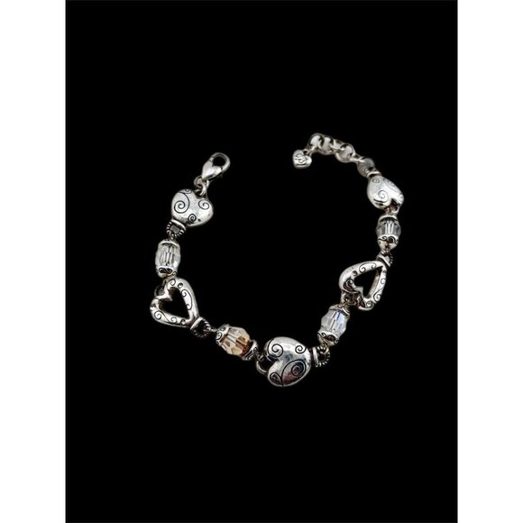Brighton Heartland Bracelet Silver Scroll Hearts Crystals Adjustable 7-8” - Picture 2 of 4